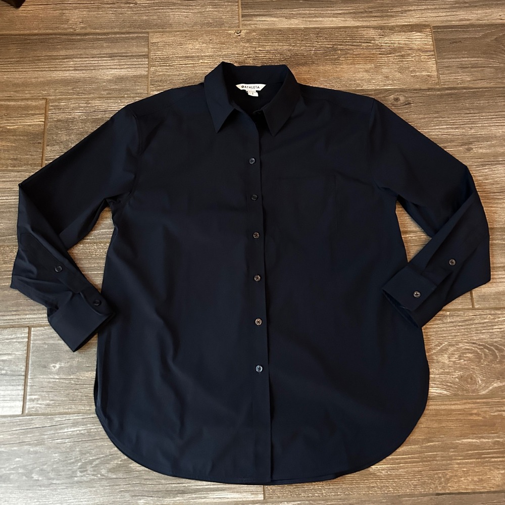 Athleta Mens Navy Button Up Long‎ Sleeve Collared Shirt Size S Work Classic